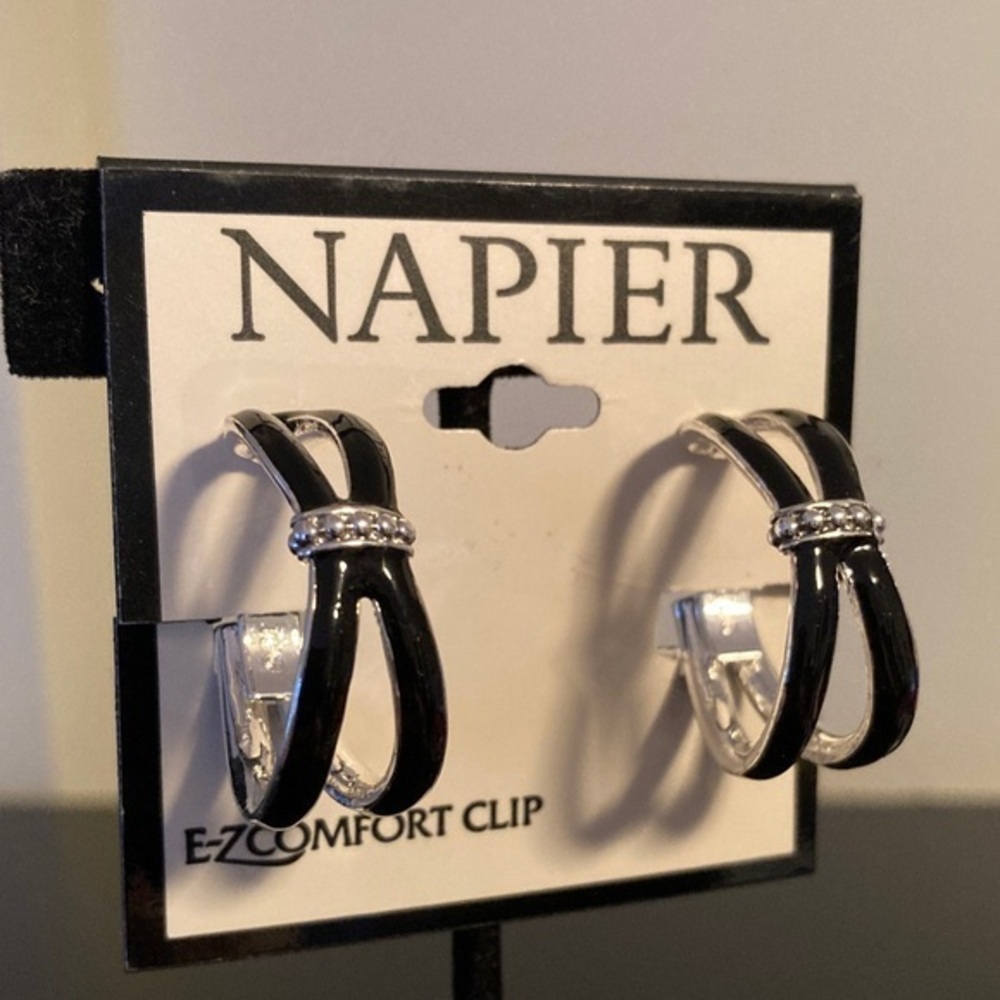 Napier Black and Silver Hoop Earrings clip on